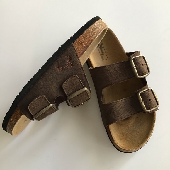 Disney Shoes - Disney Mickey Mouse 100% Leather Sandals Brown Suede SZ 8 Adj Buckles Cork Soles